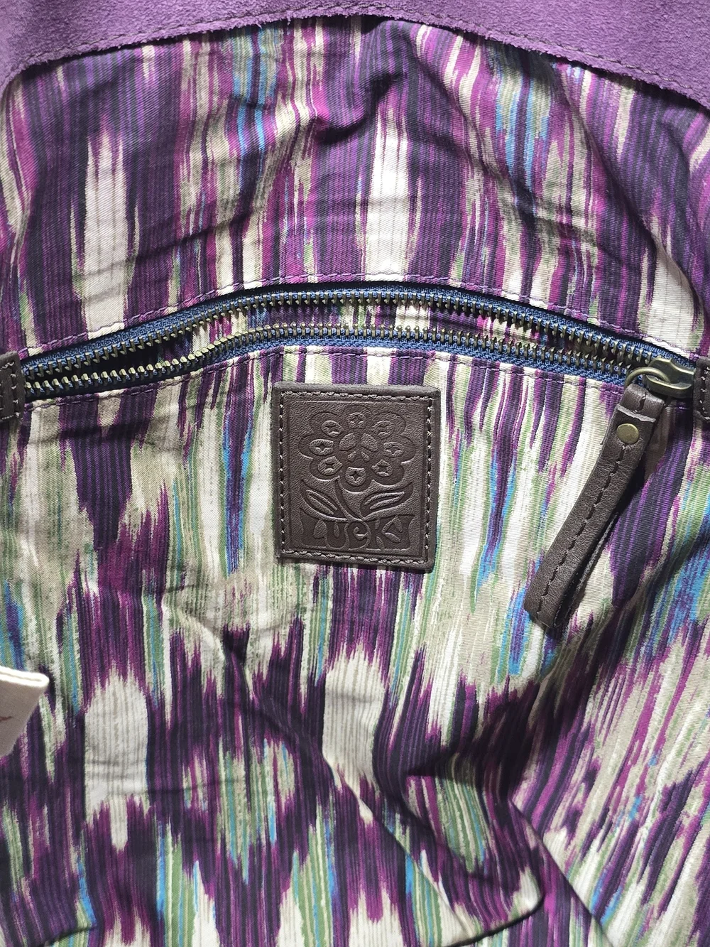 Lucky Brand Canvas & Suede Drawstring Backpack Purple Denim Boho Rucksack Bag